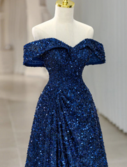 A-Line Evening Gown Sparkle Shine Dress Formal Sleeveless Off Shoulder Sequined with Glitter
