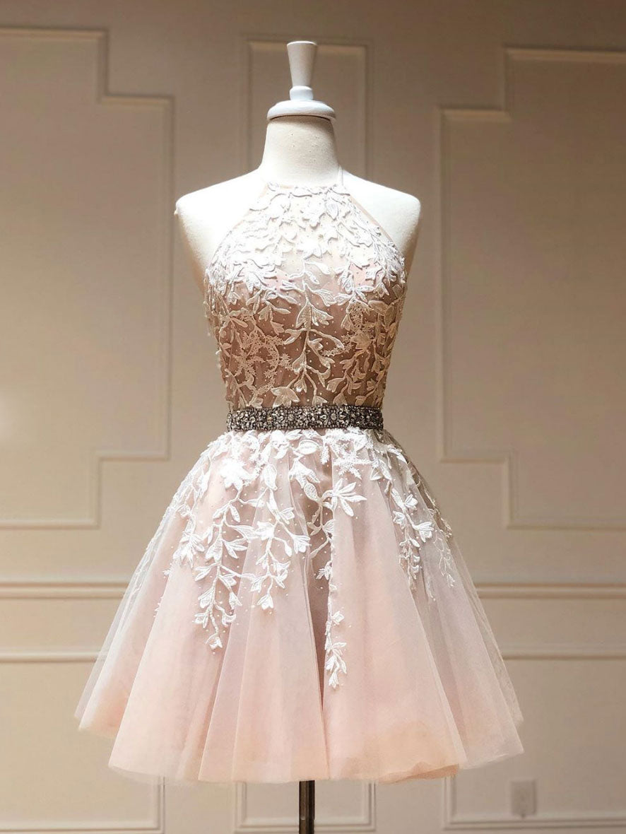 Champagne tulle lace short prom dress champagne homecoming dress