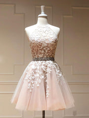 Champagne tulle lace short prom dress champagne homecoming dress