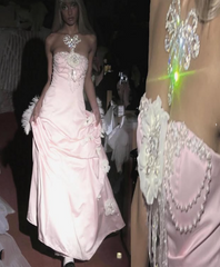 Pretty Ball Gown Strapless Pink Long Satin Prom Dresses Formal Evening Dress SD2394