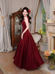 A-Line Satin Burgundy Long Prom Dress, Burgundy Long Evening Dress
