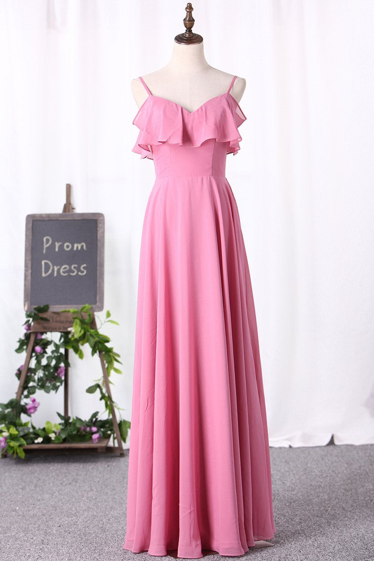 Roze chiffon-riemen verstoord A-Line lange bruidsmeisje jurk
