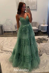 Tulle Ruffles Glitter Sage Green V-Neck Corset Prom Dress