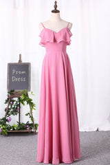 Roze chiffon-riemen verstoord A-Line lange bruidsmeisje jurk