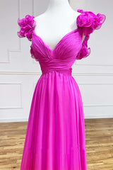 Magenta Chiffon Lace-Up Ruffle Belted A-Line Prom Dress