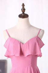 Pink Spaghetti Straps Ruffled Long Bridesmaid Dress