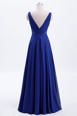 Royal Blue geplooide A-Line Chiffon Long Bridesmeisje jurk