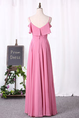 Roze chiffon-riemen verstoord A-Line lange bruidsmeisje jurk