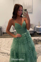 Tulle Ruffles Glitter Sage Green V-Neck Corset Prom Dress