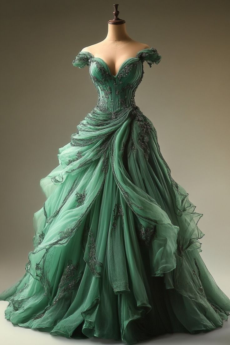 Retro Green Off Shoulder A-Line Beading Chiffon Long Prom Dress Evening Gown, HZ0319