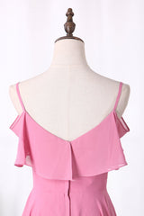 Roze chiffon-riemen verstoord A-Line lange bruidsmeisje jurk
