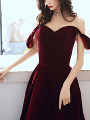 A-Line off Shoulder Velvet Tea Length Burgundy Prom Dress, Burgundy Evening Dress
