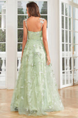 A Line Square Neck Corset Prom Dress with 3D Butterflies Floor Length Charming Evening Party Dress