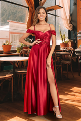 A Line Off Shoulder Satin Spaghetti Strap Long Ruched formal dresses Bridesmaid Dresses evening gown Prom Dress with Slit