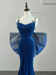 Mermaid Velvet Blue Long Prom Dress, Mermaid Long Formal Dress