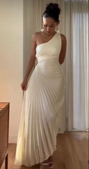 One Shoulder Mermaid Satin Prom Dresses Pleated Formal Party Gown