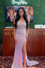 Mermaid Strapless Lilac Sequins Long Prom Dresses