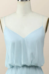 Straps Blue Pleated Full Length Bridesmaid Dress