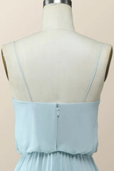Straps Blue Pleated Full Length Bridesmaid Dress