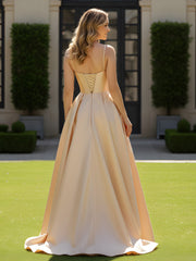 Spaghetti Straps Beaded Sweetheart Neck Maxi Gown Gold
