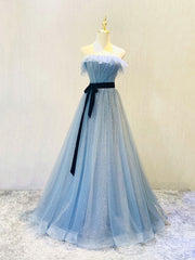 Blue tulle sequin long prom dress A line tulle blue formal dress