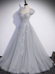 Gray tulle lace long prom dress, gray tulle lace long evening dress