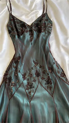 Vintage Dark Green Beaded Embroidery Prom Dress Sheath V-neck Evening Dress Formal Dress HZ1024