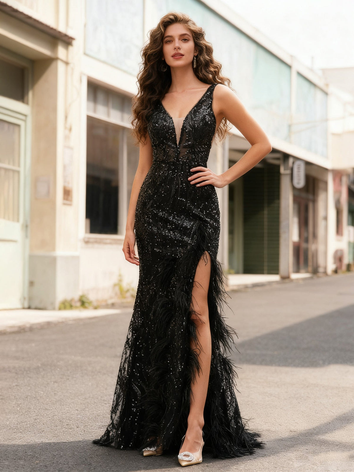 Plunging V-neck Mermaid Dress With Feather-Trimmed Slit Black