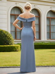 Pleated Off-the-Shoulder Sheath Long Dress With Slit Dusty Blue