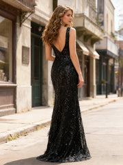 Plunging V-neck Mermaid Dress With Feather-Trimmed Slit Black
