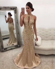 Long Satin Halter Mermaid Prom Dresses Crystal Beaded