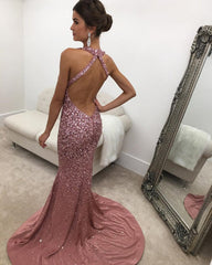 Long Satin Halter Mermaid Prom Dresses Crystal Beaded