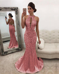 Long Satin Halter Mermaid Prom Dresses Crystal Beaded