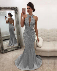 Long Satin Halter Mermaid Prom Dresses Crystal Beaded