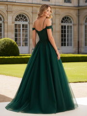 Off-the-shoulder Applique Sequin Tulle Ball Gown Dark Green