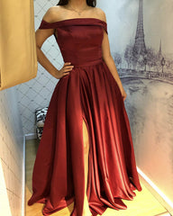 Off The Shoulder Satin Leg Slit Prom Dresses