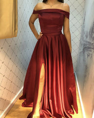 Off The Shoulder Satin Leg Slit Prom Dresses