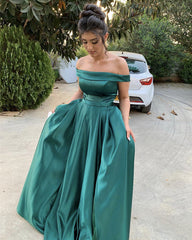 Off The Shoulder Satin Leg Slit Prom Dresses
