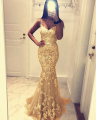 Lace Appliques Tulle V Neck Mermaid Prom Dresses