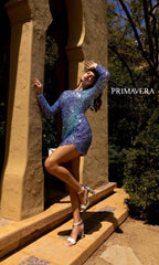 Long Sleeve Short Ombre Sequin Party Dress 3819