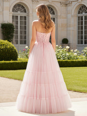 Sweetheart Appliqued Corset Tulle Dress With Slit Blushing Pink