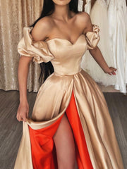Champagne satin long prom dress, champage evening dress
