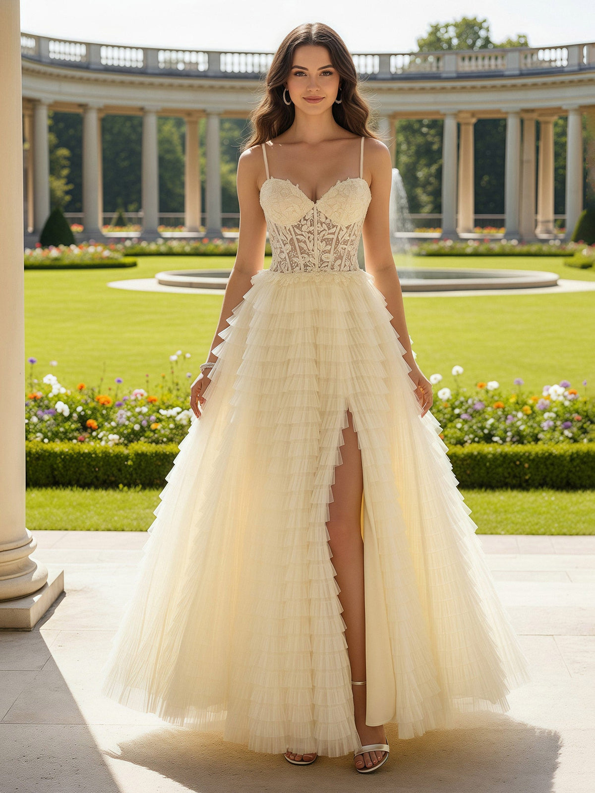 Sweetheart Applique Sheer Corset Tiered Dress With Slit Daffodil