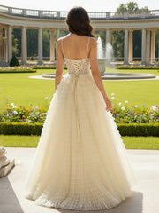 Sweetheart Applique Sheer Corset Tiered Dress With Slit Daffodil