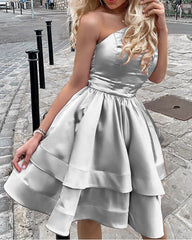 One Shoulder Homecoming Dresses Satin Ruffle Hem
