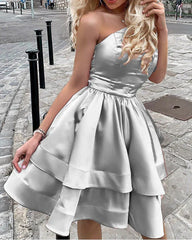 One shoulder satin ruffled hem short Homecoming dress