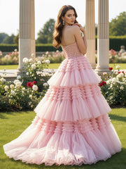 Lace Sweetheart Corset Tiered Tulle Sweep Train Gown Blushing Pink