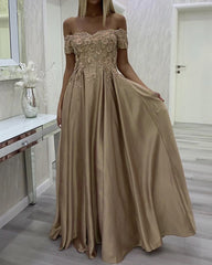 Lace Embroidery Evening Dress Long Satin Off Shoulder