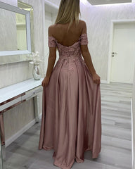 Lace Embroidery Evening Dress Long Satin Off Shoulder
