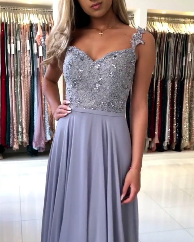 Long Chiffon Bridesmaid Dresses V Neck Lace Beaded